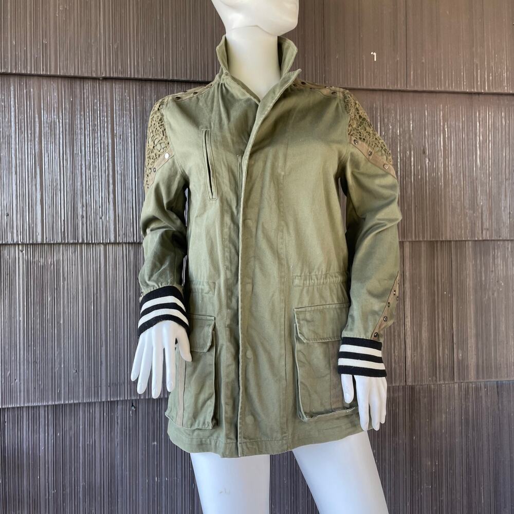 BKE Green Military Style Jacket Cinch Waist Crochet Shoulder Utility Boho Grunge